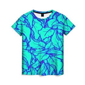 Женская футболка 3D с принтом Фрактальные лепестки в Новосибирске, 100% полиэфир ( синтетическое хлопкоподобное полотно) | прямой крой, круглый вырез горловины, длина до линии бедер | листья | паттерн | синий