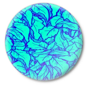 Значок с принтом Фрактальные лепестки в Новосибирске,  металл | круглая форма, металлическая застежка в виде булавки | листья | паттерн | синий