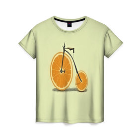 Женская футболка 3D с принтом Апельсиновый велосипед в Новосибирске, 100% полиэфир ( синтетическое хлопкоподобное полотно) | прямой крой, круглый вырез горловины, длина до линии бедер | Тематика изображения на принте: 