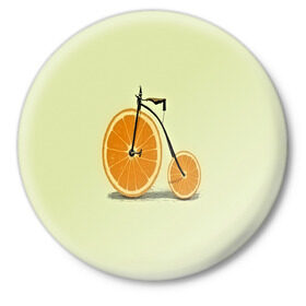 Значок с принтом Апельсиновый велосипед в Новосибирске,  металл | круглая форма, металлическая застежка в виде булавки | Тематика изображения на принте: 