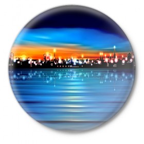 Значок с принтом Вечерний город в Новосибирске,  металл | круглая форма, металлическая застежка в виде булавки | Тематика изображения на принте: закат | пейзаж | яркий