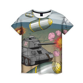 Женская футболка 3D с принтом Танк в Новосибирске, 100% полиэфир ( синтетическое хлопкоподобное полотно) | прямой крой, круглый вырез горловины, длина до линии бедер | взрыв | снаряды | танк