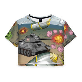 Женская футболка 3D укороченная с принтом Танк в Новосибирске, 100% полиэстер | круглая горловина, длина футболки до линии талии, рукава с отворотами | взрыв | снаряды | танк