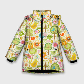 Зимняя куртка для девочек 3D с принтом Райские кущи в Новосибирске, ткань верха — 100% полиэстер; подклад — 100% полиэстер, утеплитель — 100% полиэстер. | длина ниже бедра, удлиненная спинка, воротник стойка и отстегивающийся капюшон. Есть боковые карманы с листочкой на кнопках, утяжки по низу изделия и внутренний карман на молнии. 

Предусмотрены светоотражающий принт на спинке, радужный светоотражающий элемент на пуллере молнии и на резинке для утяжки. | Тематика изображения на принте: деревья | природа | птицы | сад | сова | цветы