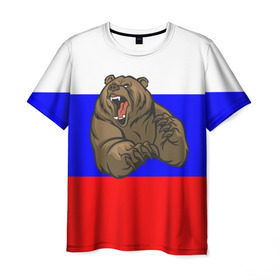 Мужская футболка 3D с принтом Медведь в Новосибирске, 100% полиэфир | прямой крой, круглый вырез горловины, длина до линии бедер | медведь | триколор | я русский