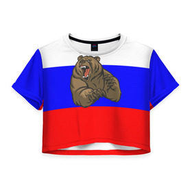 Женская футболка 3D укороченная с принтом Медведь в Новосибирске, 100% полиэстер | круглая горловина, длина футболки до линии талии, рукава с отворотами | медведь | триколор | я русский