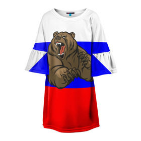 Детское платье 3D с принтом Медведь в Новосибирске, 100% полиэстер | прямой силуэт, чуть расширенный к низу. Круглая горловина, на рукавах — воланы | Тематика изображения на принте: медведь | триколор | я русский