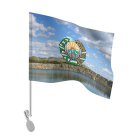 Флаг для автомобиля с принтом Узбекистан в Новосибирске, 100% полиэстер | Размер: 30*21 см | герб | гора | горы | озеро | природа | республика | узбекская сср