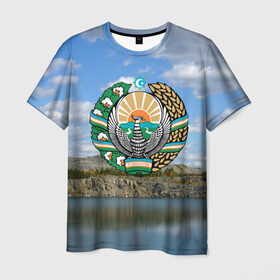 Мужская футболка 3D с принтом Узбекистан в Новосибирске, 100% полиэфир | прямой крой, круглый вырез горловины, длина до линии бедер | герб | гора | горы | озеро | природа | республика | узбекская сср