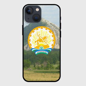 Чехол для iPhone 13 mini с принтом Башкортостан в Новосибирске,  |  | башкирии | башкирия | башкортостан республика | герб | гора | горы | заповедник | знак | озеро | природа | салават юлаев | символ | столица уфа | урал | чистое голубое небо | эмблема