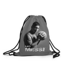 Рюкзак-мешок 3D с принтом Leo Messi в Новосибирске, 100% полиэстер | плотность ткани — 200 г/м2, размер — 35 х 45 см; лямки — толстые шнурки, застежка на шнуровке, без карманов и подкладки | barcelona | spanish | аргентина | барселона | испания | лео | месси | мяч | футбол | футболист