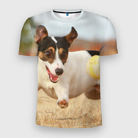 Мужская футболка 3D спортивная с принтом Счастье в Новосибирске, 100% полиэстер с улучшенными характеристиками | приталенный силуэт, круглая горловина, широкие плечи, сужается к линии бедра | друг человека | животное | игра | красивая | ловит | маленький | милая | мяч | на природе | пес | породистая собака | породы | прикольная | счастливый | щенок