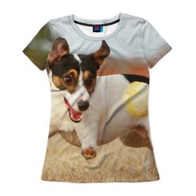 Женская футболка 3D с принтом Счастье в Новосибирске, 100% полиэфир ( синтетическое хлопкоподобное полотно) | прямой крой, круглый вырез горловины, длина до линии бедер | друг человека | животное | игра | красивая | ловит | маленький | милая | мяч | на природе | пес | породистая собака | породы | прикольная | счастливый | щенок