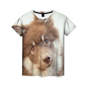 Женская футболка 3D с принтом Милый в Новосибирске, 100% полиэфир ( синтетическое хлопкоподобное полотно) | прямой крой, круглый вырез горловины, длина до линии бедер | друг человека | животное | красивая | маленький | милая | милый взгляд | пес | песик | породистая собака | породы | прикольная | рыжий | щенок