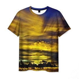 Мужская футболка 3D с принтом Мальдивы в Новосибирске, 100% полиэфир | прямой крой, круглый вырез горловины, длина до линии бедер | Тематика изображения на принте: берег | бунгало | ветки | горизонт | города | закат | корабль | мальдивы | море | отдых | пальмы | песок | пирс | страны | тропики