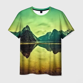 Мужская футболка 3D с принтом Новая Зеландия в Новосибирске, 100% полиэфир | прямой крой, круглый вырез горловины, длина до линии бедер | humboldt | горы | деревья | долина | зелень | лес | небо | новая зеландия | облака | панорама | река | солнечно