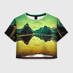 Женская футболка 3D укороченная с принтом Новая Зеландия в Новосибирске, 100% полиэстер | круглая горловина, длина футболки до линии талии, рукава с отворотами | humboldt | горы | деревья | долина | зелень | лес | небо | новая зеландия | облака | панорама | река | солнечно
