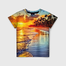 Детская футболка 3D с принтом Гавайи в Новосибирске, 100% гипоаллергенный полиэфир | прямой крой, круглый вырез горловины, длина до линии бедер, чуть спущенное плечо, ткань немного тянется | Тематика изображения на принте: hawaii | гавайи | газон | горизонт | море | небо | облака | пальмы | побережье | скалы | солнце | сша | тропики