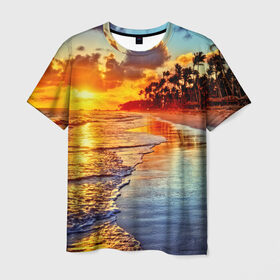 Мужская футболка 3D с принтом Гавайи в Новосибирске, 100% полиэфир | прямой крой, круглый вырез горловины, длина до линии бедер | Тематика изображения на принте: hawaii | гавайи | газон | горизонт | море | небо | облака | пальмы | побережье | скалы | солнце | сша | тропики