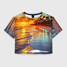 Женская футболка 3D укороченная с принтом Гавайи в Новосибирске, 100% полиэстер | круглая горловина, длина футболки до линии талии, рукава с отворотами | hawaii | гавайи | газон | горизонт | море | небо | облака | пальмы | побережье | скалы | солнце | сша | тропики
