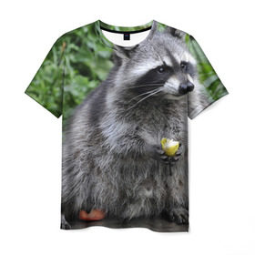 Мужская футболка 3D с принтом Енот обжора в Новосибирске, 100% полиэфир | прямой крой, круглый вырез горловины, длина до линии бедер | барсук | добрый | енот | животное | зверек | зверь | красивый | крошка | милое | милый | полоски серые | полоскун | прикольный | природа | скунс | усатый | фауна | флора | хищник | черный | шерсть