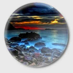 Значок с принтом Скалистый берег в Новосибирске,  металл | круглая форма, металлическая застежка в виде булавки | закат | море | небо | пейзаж | пестрый