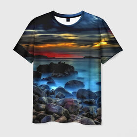 Мужская футболка 3D с принтом Скалистый берег в Новосибирске, 100% полиэфир | прямой крой, круглый вырез горловины, длина до линии бедер | Тематика изображения на принте: закат | море | небо | пейзаж | пестрый