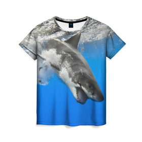 Женская футболка 3D с принтом Акула в Новосибирске, 100% полиэфир ( синтетическое хлопкоподобное полотно) | прямой крой, круглый вырез горловины, длина до линии бедер | shark | море | синий | челюсти