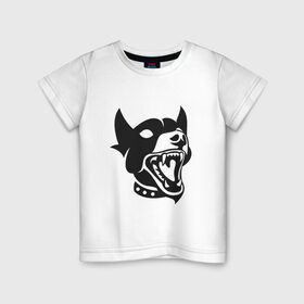 Детская футболка хлопок с принтом Доберман в Новосибирске, 100% хлопок | круглый вырез горловины, полуприлегающий силуэт, длина до линии бедер | доберман открыл пасть | друг человека | животное | красивая | милая | пес | породы | прикольная | силуэт | собака | татуировка | трафарет | черный | щенок