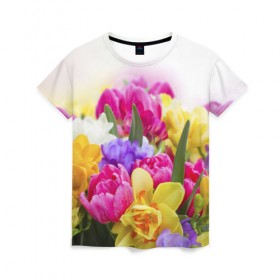 Женская футболка 3D с принтом Нежность в Новосибирске, 100% полиэфир ( синтетическое хлопкоподобное полотно) | прямой крой, круглый вырез горловины, длина до линии бедер | желтый | красный | любовь | новинки | подарок | розы | сердце | текстура | тюльпаны | цветы