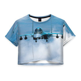 Женская футболка 3D укороченная с принтом Су 34 в Новосибирске, 100% полиэстер | круглая горловина, длина футболки до линии талии, рукава с отворотами | самолет