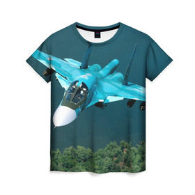 Женская футболка 3D с принтом Су 34 в Новосибирске, 100% полиэфир ( синтетическое хлопкоподобное полотно) | прямой крой, круглый вырез горловины, длина до линии бедер | самолет