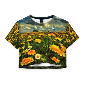Женская футболка 3D укороченная с принтом Одуванчики в Новосибирске, 100% полиэстер | круглая горловина, длина футболки до линии талии, рукава с отворотами | пейзаж | поле | цветы