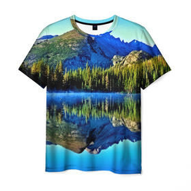 Мужская футболка 3D с принтом Switzerland в Новосибирске, 100% полиэфир | прямой крой, круглый вырез горловины, длина до линии бедер | kander valley | switzerland | вечер | вода | горы | деревья | зима | лес | огни | озеро | парк | подсветка | снег | швейцария