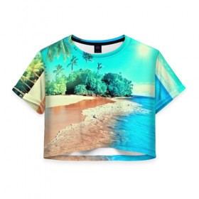 Женская футболка 3D укороченная с принтом Тропики в Новосибирске, 100% полиэстер | круглая горловина, длина футболки до линии талии, рукава с отворотами | море | пейзаж | пляж | яркий