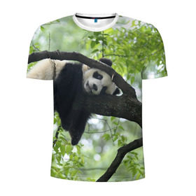 Мужская футболка 3D спортивная с принтом Панда спит на ветке в Новосибирске, 100% полиэстер с улучшенными характеристиками | приталенный силуэт, круглая горловина, широкие плечи, сужается к линии бедра | Тематика изображения на принте: бамбук | животное | медведь