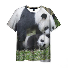 Мужская футболка 3D с принтом Мамочка и сыночек панды в Новосибирске, 100% полиэфир | прямой крой, круглый вырез горловины, длина до линии бедер | Тематика изображения на принте: бамбук | животное | медведь