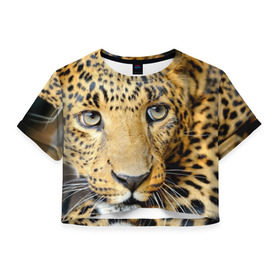 Женская футболка 3D укороченная с принтом Леопард в Новосибирске, 100% полиэстер | круглая горловина, длина футболки до линии талии, рукава с отворотами | властелин | глаз | грация | животные | зверь | кот | кошачий | кошки | крупный | леопард | лес | млекопитающее | природа | пятна | рыжий | усатый | усы | фауна | флора | хищник | хозяин | царь джунгли