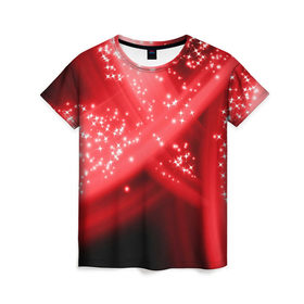 Женская футболка 3D с принтом Звёздный шлейф в Новосибирске, 100% полиэфир ( синтетическое хлопкоподобное полотно) | прямой крой, круглый вырез горловины, длина до линии бедер | абстракция | блеск | гламур | звёздочка | звёзды | красный | огни