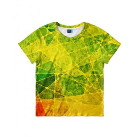 Детская футболка 3D с принтом Particles в Новосибирске, 100% гипоаллергенный полиэфир | прямой крой, круглый вырез горловины, длина до линии бедер, чуть спущенное плечо, ткань немного тянется | Тематика изображения на принте: желтый | зеленый | потертый | треугольники | яркий