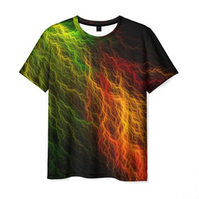 Мужская футболка 3D с принтом Цветные линии в Новосибирске, 100% полиэфир | прямой крой, круглый вырез горловины, длина до линии бедер | Тематика изображения на принте: молния | пестрый | разноцветный