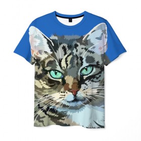 Мужская футболка 3D с принтом Котэ в Новосибирске, 100% полиэфир | прямой крой, круглый вырез горловины, длина до линии бедер | Тематика изображения на принте: cat | взгляд | глаза | животные | киска | кот | котёнок | кошка