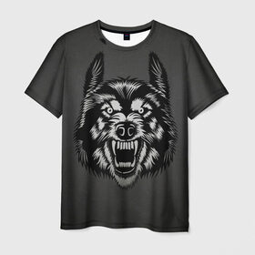 Мужская футболка 3D с принтом Злой оскал волка в Новосибирске, 100% полиэфир | прямой крой, круглый вырез горловины, длина до линии бедер | аука | бирюк | волк | волчара | волчица | волчок | глаза | животное | животные | зверь | койот | млекопитающее | оскал | санитар леса | силуэт | татуировка | трафарет | уши | хищник | черный | шакал