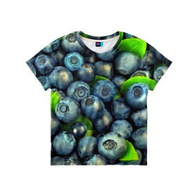 Детская футболка 3D с принтом Голубика в Новосибирске, 100% гипоаллергенный полиэфир | прямой крой, круглый вырез горловины, длина до линии бедер, чуть спущенное плечо, ткань немного тянется | Тематика изображения на принте: blueberry | голубика | черника | ягоды