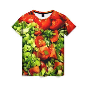 Женская футболка 3D с принтом Салатик в Новосибирске, 100% полиэфир ( синтетическое хлопкоподобное полотно) | прямой крой, круглый вырез горловины, длина до линии бедер | зеленый | красный | нарезка | овощи | яркий