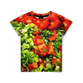 Детская футболка 3D с принтом Салатик в Новосибирске, 100% гипоаллергенный полиэфир | прямой крой, круглый вырез горловины, длина до линии бедер, чуть спущенное плечо, ткань немного тянется | Тематика изображения на принте: зеленый | красный | нарезка | овощи | яркий
