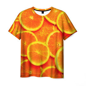 Мужская футболка 3D с принтом Сочные апельсины в Новосибирске, 100% полиэфир | прямой крой, круглый вырез горловины, длина до линии бедер | апельсин | летние | сочные | цитрус | яркие