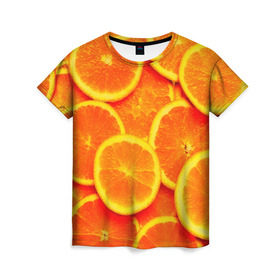 Женская футболка 3D с принтом Сочные апельсины в Новосибирске, 100% полиэфир ( синтетическое хлопкоподобное полотно) | прямой крой, круглый вырез горловины, длина до линии бедер | апельсин | летние | сочные | цитрус | яркие