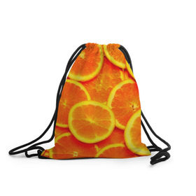 Рюкзак-мешок 3D с принтом Сочные апельсины в Новосибирске, 100% полиэстер | плотность ткани — 200 г/м2, размер — 35 х 45 см; лямки — толстые шнурки, застежка на шнуровке, без карманов и подкладки | Тематика изображения на принте: апельсин | летние | сочные | цитрус | яркие