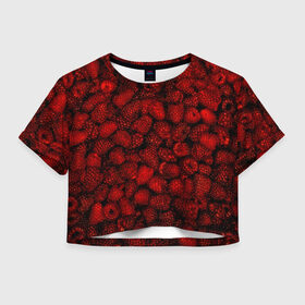Женская футболка 3D укороченная с принтом Малинки в Новосибирске, 100% полиэстер | круглая горловина, длина футболки до линии талии, рукава с отворотами | малиновый | паттерн | темный | ягоды
